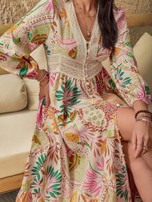 Elegaris 波希米亞風花卉V領蕾絲女款洋裝，適合派對、婚禮、音樂節、度假，粉色優雅休閒 - 粉色 - 查看 8