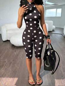 Women's Elegant Comfortable Street Vacation Daily Commute Polka Dot Halter Neck Jumpsuit - Black - View 2