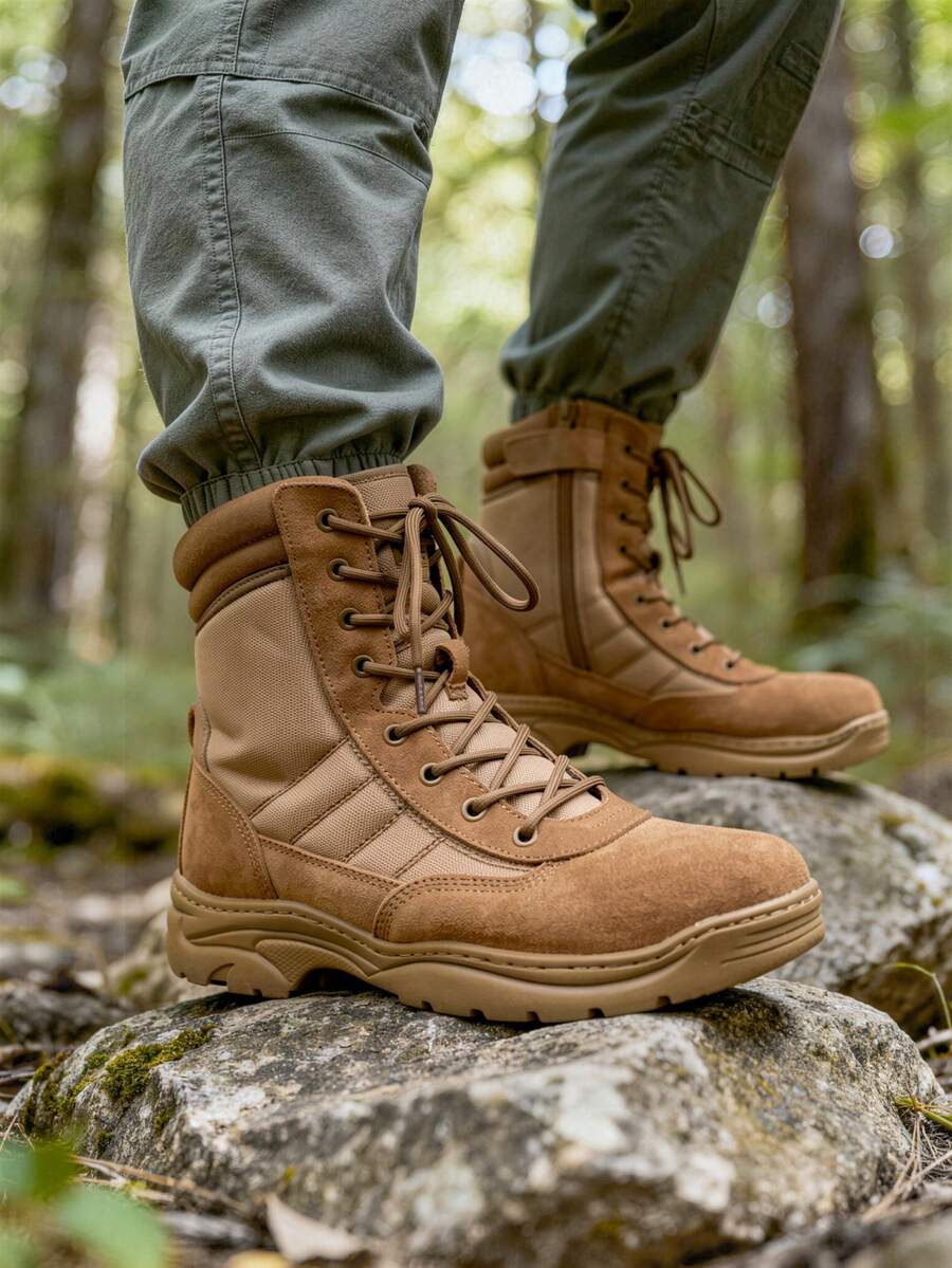 Men's Military Tactical Work Boots Side Zipper Leather Motorcycle Combat Boots Trooper(6-8 Inches) - Brown - View 1
