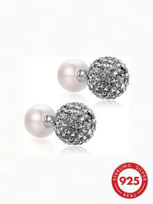 Pendientes de botón de perla y cristal de 10 mm para mujer con clips delanteros y traseros - Diamante negro - Ver 1