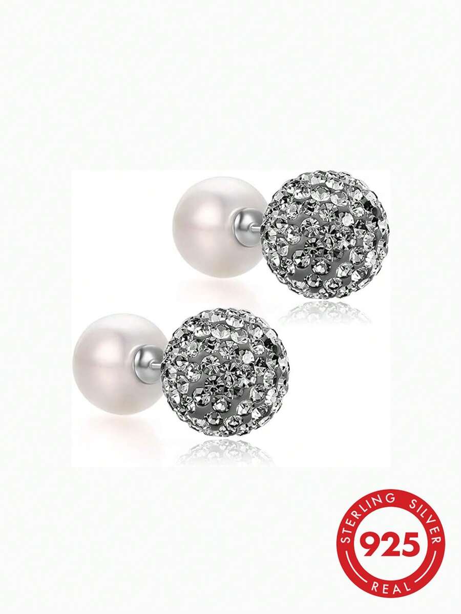 Pendientes de botón de perla y cristal de 10 mm para mujer con clips delanteros y traseros - Diamante negro - Ver 1