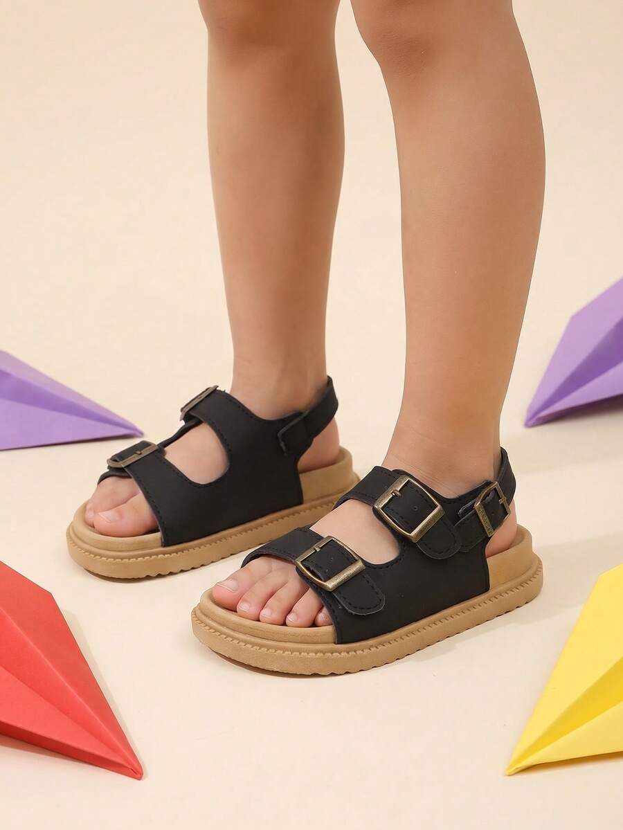 1 Pair Kids' Summer Flat Sandals, Premium Black Minimalist Fashion Sandals With Adjustable Bronze Buckle Design, Casual Style Suitable For Beach, Vacation And Outdoor Play - Black - View 1