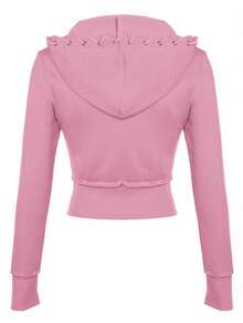 GLAMSKIN Women's Fall Zip Up Hooded Cropped Knit Jacket,Ruffle Trim Long Sleeve Slim Fit Drawstring Hoodie, Casual Y2K Streetwear Outerwear - Pink - View 4