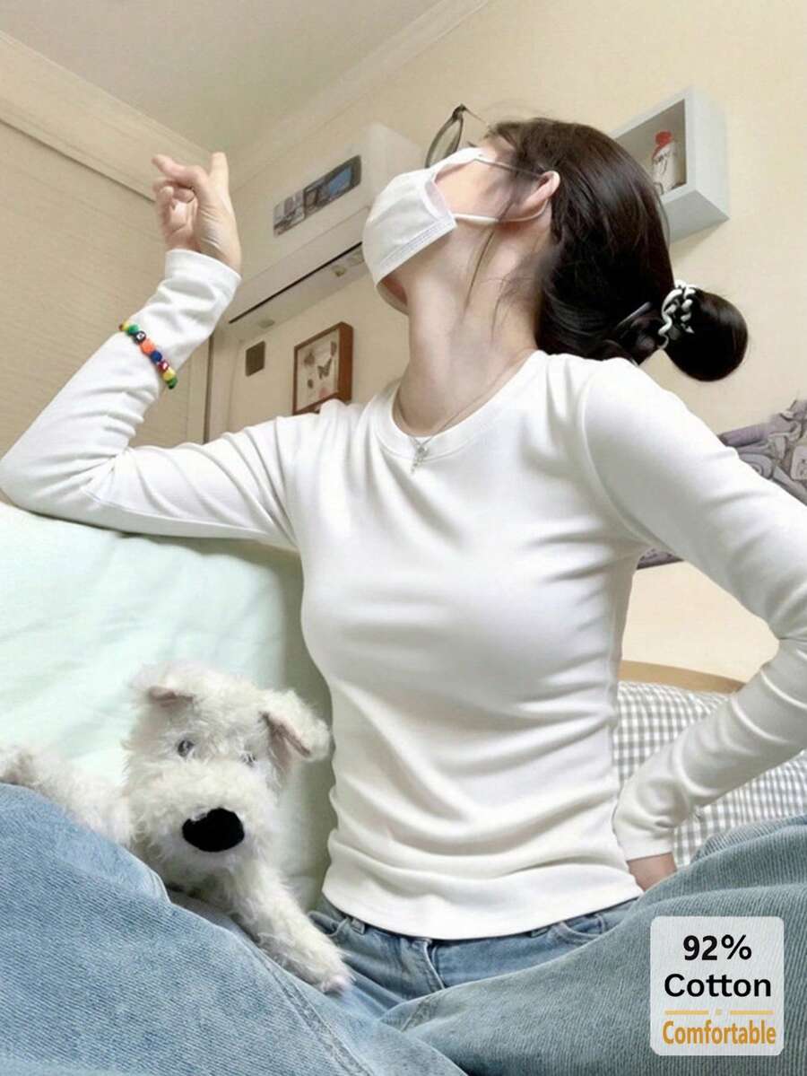 秋季純棉長袖T恤,女款百搭白色上衣,修身素色內搭打底衫 - 白色 - 查看 1