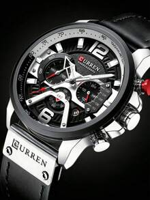 1pc Fashion New Men's Leather Strap Chronograph Mechanical Watch - Silver - View 1