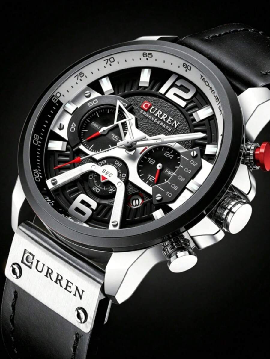 1pc Fashion New Men's Leather Strap Chronograph Mechanical Watch - Silver - View 1