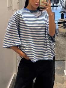 New Fashionable Elegant Striped Round Neck Drop Shoulder Half Sleeve T-Shirt, Suitable For Holidays, School, Vacation And Daily Wear Casual Summer - Blue - View 3