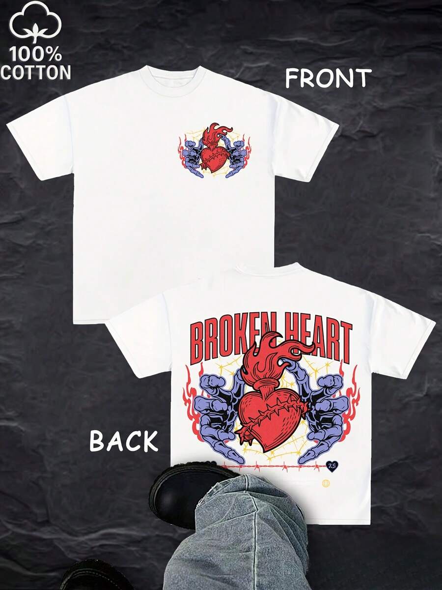 Men's Vintage T-Shirt BROKEN HEARE - Short-Sleeved T-Shirt With White Vintage Music Logo And Broken Heart Design, Breathable Casual Shirt, Iconic Print Suitable For - 白色 - 查看 1