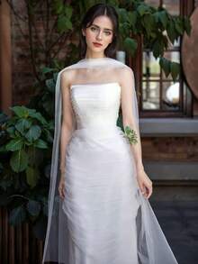 1 pieza Chal largo de malla blanca para mujer, 350X60cm Elegante velo de novia, adecuado para boda, banquete, actuación, fiesta, accesorio de fotografía de viaje, accesorio nupcial, decoración festiva, bufanda de cuello premium estilo coreano, bufanda larga de malla suave, velo de hombro para cola de vestido de novia, bufanda larga de gasa premium estilo coreano vintage, chal exterior para vestido de novia cheongsam - Blanco - Ver 5