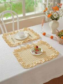 1/2/4pcs Korean Style Plaid Sweet Ruffle Edge Cute Princess Style Candy Color Plaid Food Plate Heat-Insulating Background Mat Napkin, Nordic Country Style Blue Plaid Table Mat Napkin - Multicolor - View 8
