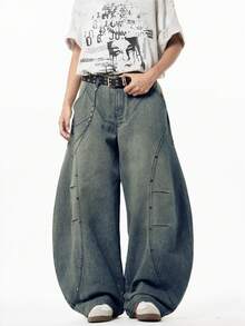 Modcrash Justice Brother 1pc Japanese Style Casual Men's Denim Cocoon Pants, Versatile Personalized Beaded Washed Fashion Wide Leg Loose Long Pants Fall/Autumn/Winter - Blue - View 3