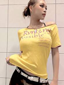 美式辣妹風藍色薄款短袖女款夏季修身露肩不對稱上衣 黃色 - 黃色 - 查看 3