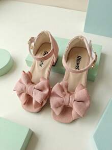 1 Pair 026 New Girls' High Heel Slippers, Casual Sweet Style, Rhinestone Trim Mesh Bow Decor, Ankle Buckle Slippers, Chunky Heel Gentle Fairy Style, Spring/Summer Versatile Dress Shoes - Pink - View 1