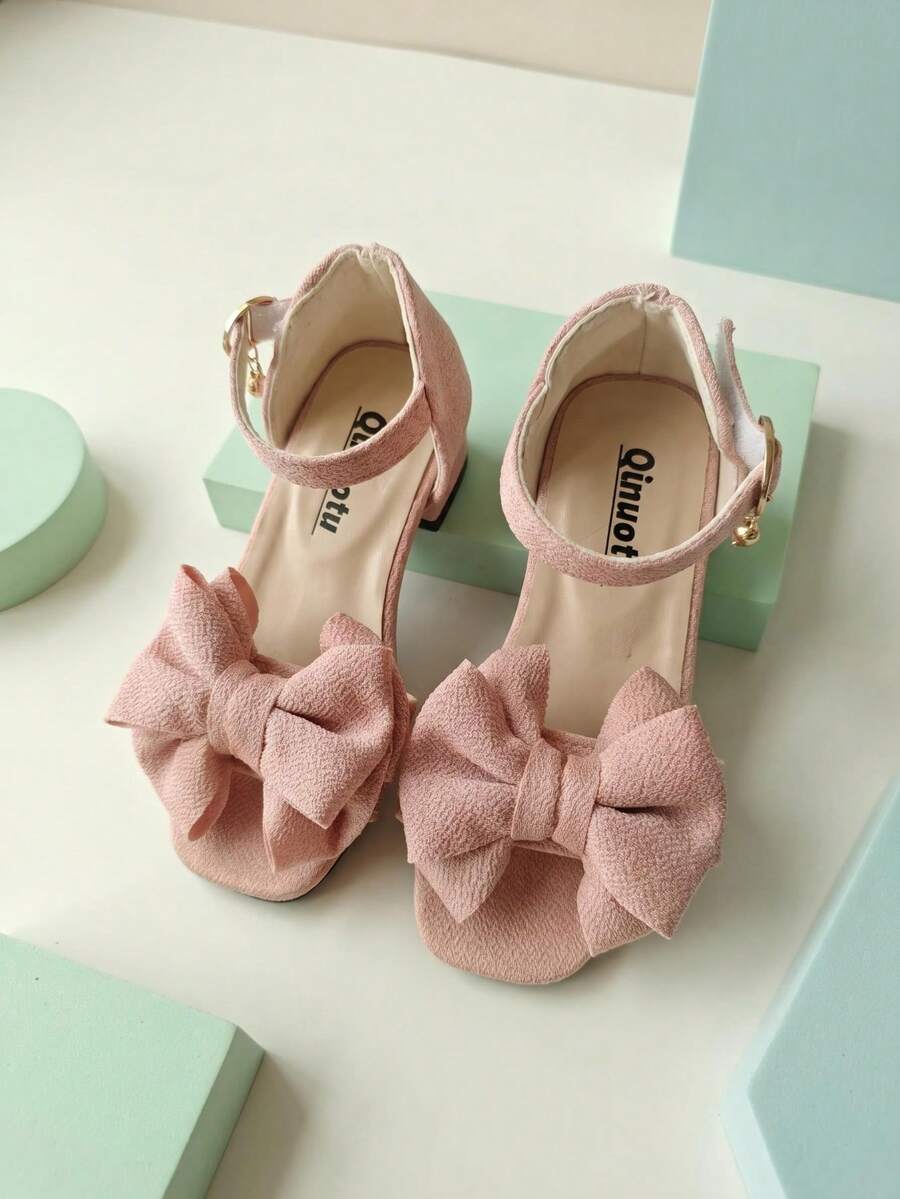 1 Pair 026 New Girls' High Heel Slippers, Casual Sweet Style, Rhinestone Trim Mesh Bow Decor, Ankle Buckle Slippers, Chunky Heel Gentle Fairy Style, Spring/Summer Versatile Dress Shoes - Pink - View 1