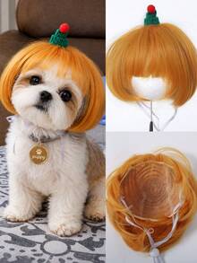 6 Inch Straight Bright Orange Pet Bob Wig With Full Bangs, Soft Synthetic Fiber, Cute Mini Knitted Green Hat With Pom Pom Decoration, Adjustable Strap, Suitable For Small Dogs And Cats Christmas Cosplay Costume Accessory, Halloween - Multicolor - View 2