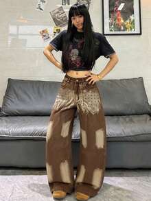 1件美式街頭風女款多眼手繪圖案寬腿牛仔褲，寬鬆四季牛仔長褲（不含腰帶/配件）休閒 - 咖啡棕 - 查看 5