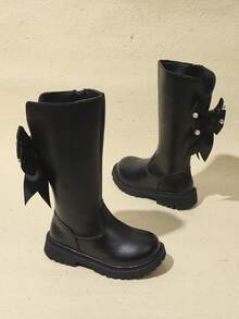 1 Pair Black Girls' Sweet Straight-Leg High-Top Leather Boots, Shiny Soft PU Material + Side Satin Pearl Bow Decor, Back Zipper Non-Slip Gear Thick Sole Design, Gentle Princess Style, Suitable For Daily Casual, School, Party, Performance, Travel, Vacation, Autumn/Winter New 2026 - Black - View 3