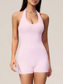 TimeOff Women's 1pc Solid Color Halter Neck U-Neck Backless Sports Romper - Pink - View 5