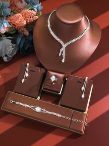 Juego de 5 piezas de joyería de lujo totalmente incrustado de strass, diseño exquisito y versátil, adecuado para uso diario, ir al trabajo, bodas, fiestas, regalo de vacaciones - Plateado - Ver 2