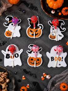 48pcs Halloween Lollipop Cards, Cute Ghost Pumpkin Witch Lollipop Tags, BOO Slogan, Non-Scary Cartoon Design, Trick Or Treat, Halloween Party Favors, DIY Crafts, 2026 Halloween Decor, Ghost Party Decorations, Classroom Craft Activities - Halloween Ghosts - View 12