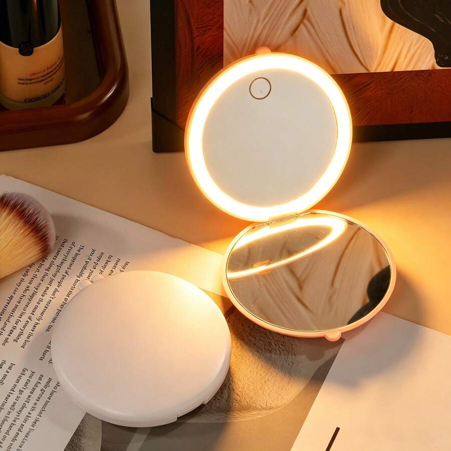 Compact 3.5 Inch (Approx. 8.9 Cm) Rechargeable Travel Makeup Mirror, 10X Magnification Double-Sided Round Folding Design LED Light Pocket Mirror, Portable Mirror, Ideal Gift For Women, Girls, Students (White)