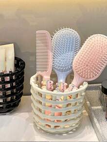 1pc Woven Pattern Desktop Storage Box Hollow Portable Resin Storage Cylinder Comb Holder Makeup Organizer Handwoven Storage Basket Storage Bin Plastic Storage Box Hollow Ventilated Dust-Free Stationery/Jewelry Organizer Box Bathroom Toiletries Storage Box Can Store Used Towels, Toothbrushes, Cosmetics, Toothpaste, Bathroom Accessories - A - View 5