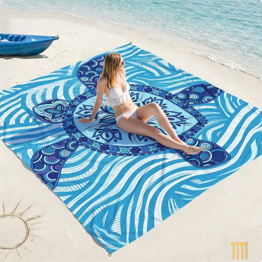 1pc Extra Large Blue Mandala Turtle Sand-Proof Quick-Dry Beach Towel Mat, Suitable For 1-3 Adults - Lightweight, Durable Polyester Fabric - Perfect For Travel, Camping, Hiking And Leisure Beach Time, Beach Mat, Picnic Mat, Camping Ground Cover - Multicolor - View 1