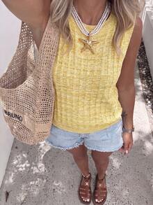 1 pieza Chaleco de punto sin mangas de textura acanalada, de estilo vintage, de alta gama, cuello redondo, de color contrastante, de moda minimalista, para el verano - Amarillo - Ver 2