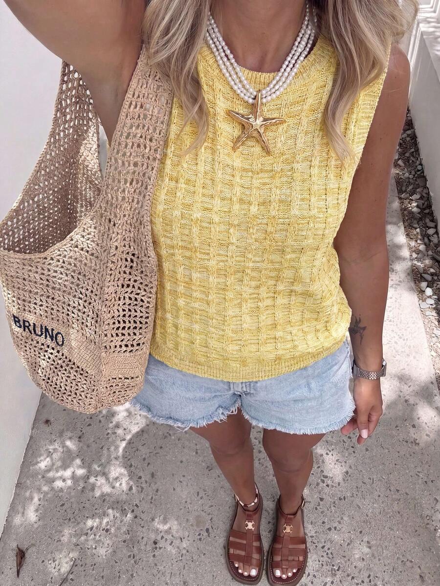 1 pieza Chaleco de punto sin mangas de textura acanalada, de estilo vintage, de alta gama, cuello redondo, de color contrastante, de moda minimalista, para el verano
