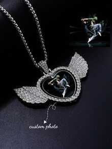 Custom Photo Hip Hop Memory Angel Wings Reversible Heart Photo Frame Pendant Necklace, Printed Jewelry Exquisite Special Gift - Multicolor - View 1