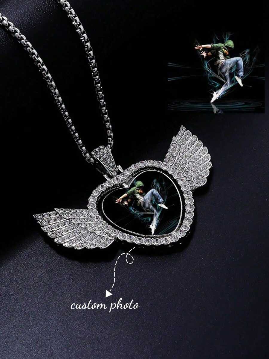 Custom Photo Hip Hop Memory Angel Wings Reversible Heart Photo Frame Pendant Necklace, Printed Jewelry Exquisite Special Gift - Multicolor - View 1