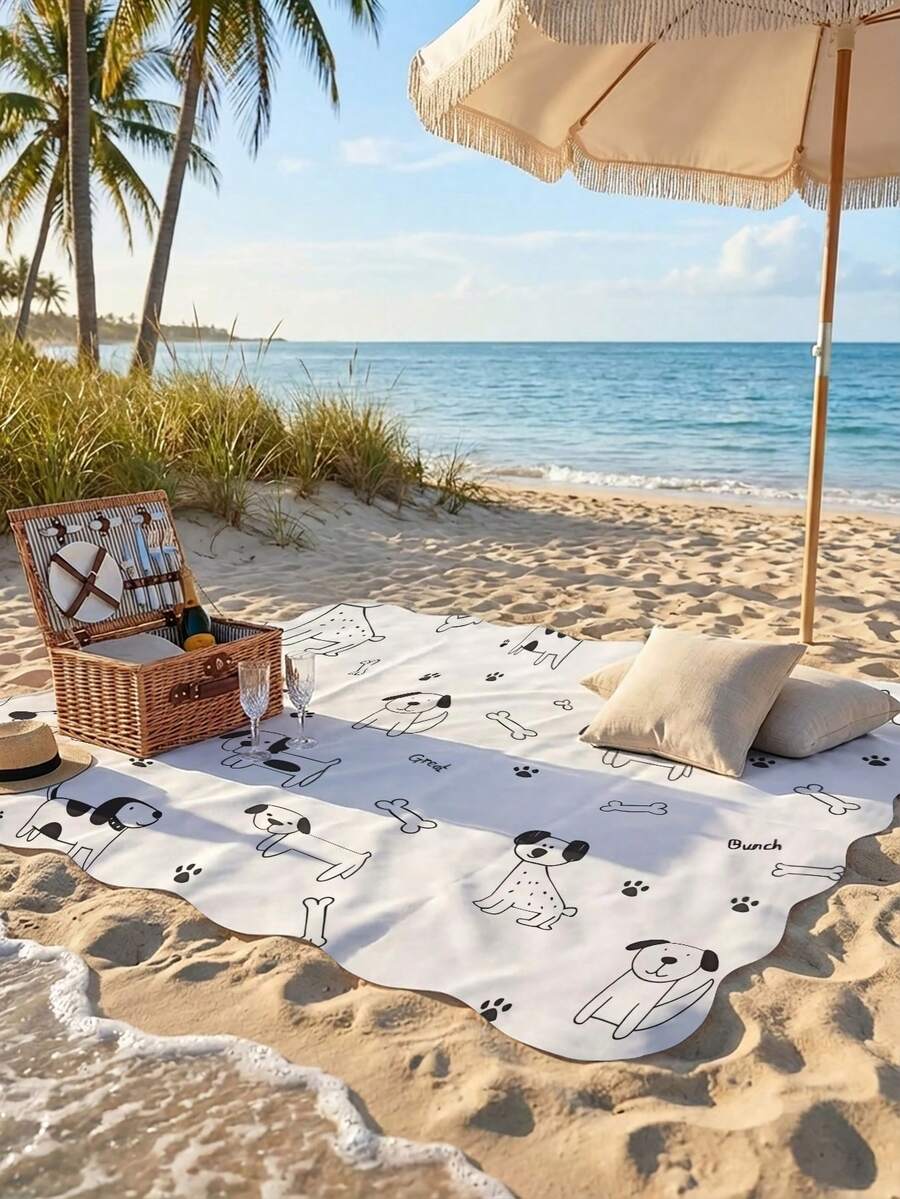 1pc Picnic Mat, Beach Mat, Camping Mat, Outdoor Mat, Animal Pattern Print, Cloud-Shaped Design, Extra Large Thickened Foldable Multi-Purpose Moisture-Proof Mat. Suitable For Daily Picnics, Camping And Beach Activities, Ideal For Parks, Suburbs - Bone Puppy 00114 - View 1
