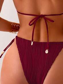 Women's Solid Color Special Wave Texture Fabric Triangle Back Bikini 2 Pieces Set Summer - Burgundy - View 5