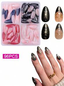 96Pcs 4 Styles Medium Almond Witchy Celestial Press On Nails Graduation Prom Fake Gel Nails Set, Printed Nail Stickers With Moon Star Gold Foil Glitter Gradient Rhinestone Night Sky French Tip, Reusable Manicure Kit With Jelly Gel Nail File For Women - Multicolor - View 1