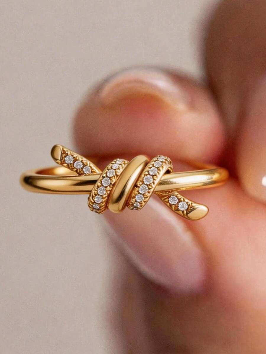 1 pieza Anillo de diamante de lujo, anillos de oro, anillos con diseño de mariposa, anillo único con decoración de circonita cúbica, regalo exquisito para fiestas festivas para mujeres - Amarillo Oro - Ver 1