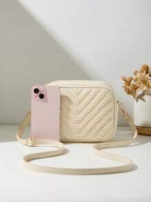 Fashionable Fabric Women's Shoulder Crossbody Bag, Multi-Color V-Pattern Small Square Bag - Beige - View 3