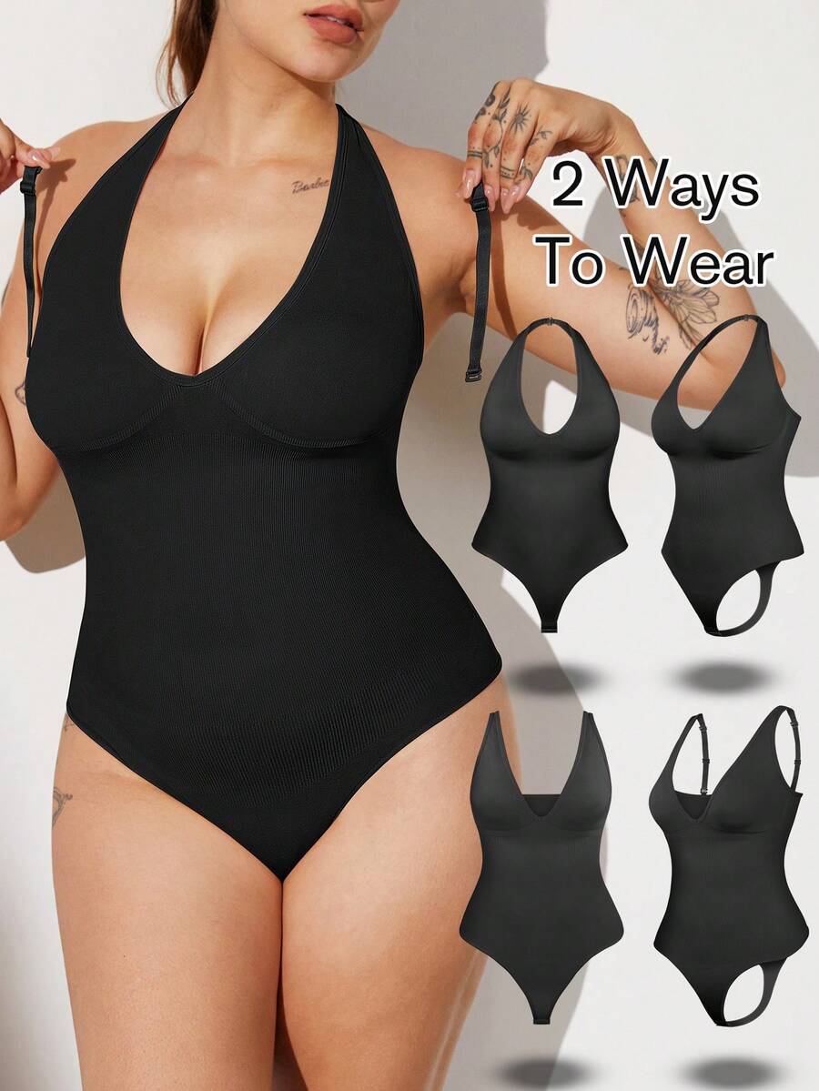 1pc Plus Size Women's Seamless Tummy Control Shapewear, 2 Ways To Wear, Detachable Straps, One-Piece Thong Bikini Style, Strapless Bandeau Bodysuit - Black - View 1