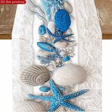 Polyester Table Runner, 2D Flat Printing Blue Starfish Seashell Coral Texture Pattern & Rustic Teal Wood Grain Fishing Net Beach Seashell Starfish Print, Heat Resistant Washable Table Decor Runner For Summer Nautical Table Decoration - Multicolor - View 15