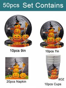 50 piezas de platos de papel, vasos y servilletas para fiesta de Halloween, platos de papel con diseño de calabaza, vajilla desechable para mesa de postres, decoración de fiesta de cumpleaños, set de regalo para decoración de fiesta de vacaciones para 10 personas - multicolor - Ver 11