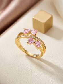 1pc Sweet Romantic Pink Sparkling Cubic Zirconia Double Bow Double Layer Cross Ring, Women's Daily Commute Date Wear Jewelry Gift - Gold - View 3