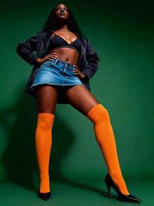 1 Pair Women's Thigh High Socks, Versatile For Spring/Summer, Comfortable & Fashionable, Suitable For School Style, Halloween, Valentine's Day - Orange - View 5