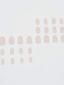 24片短橢圓形美甲貼片，極簡純色亮面假指甲，適合女性與女孩日常配戴，附果凍膠與指甲锉 - 淺粉色 - 查看 3