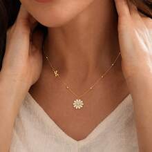 1pc Simple Vintage Initial Daisy Pendant Golden Stainless Steel Bead Chain Necklaces For Women - Yellow Gold - View 1