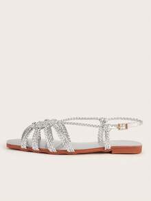 Silver Handmade Woven Strap Fashion Women's Flat Sandals, Random Woven Pattern - Silver - View 3