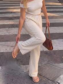 Dripcurv Plus Size Striped Straight Leg Casual Pants, Minimalist & Fashionable, Suitable For Summer - Apricot - View 3