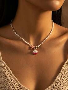 1 Piece Necklace With Pink Shell Beads, Starfish And Seashell - Rosa - View 1