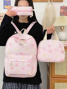 Mochila versátil de moda para mujer con bloques de color y estampado floral, doble correa, combinación de mochila y bolso escolar para estudiantes - Rosa - Ver 10