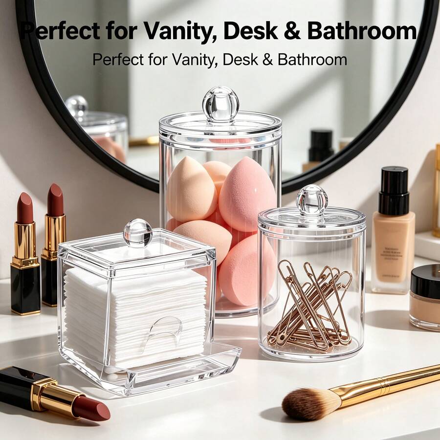 Tbestmax 10 Oz Cotton Swab/Ball/Pad Holder With Vanity Tray, Qtip Apothecary Jar, Bathroom Containers Dispenser Storage 3 Pack Wood Lids - 3pcs(透明棉籤罐) - 查看 1