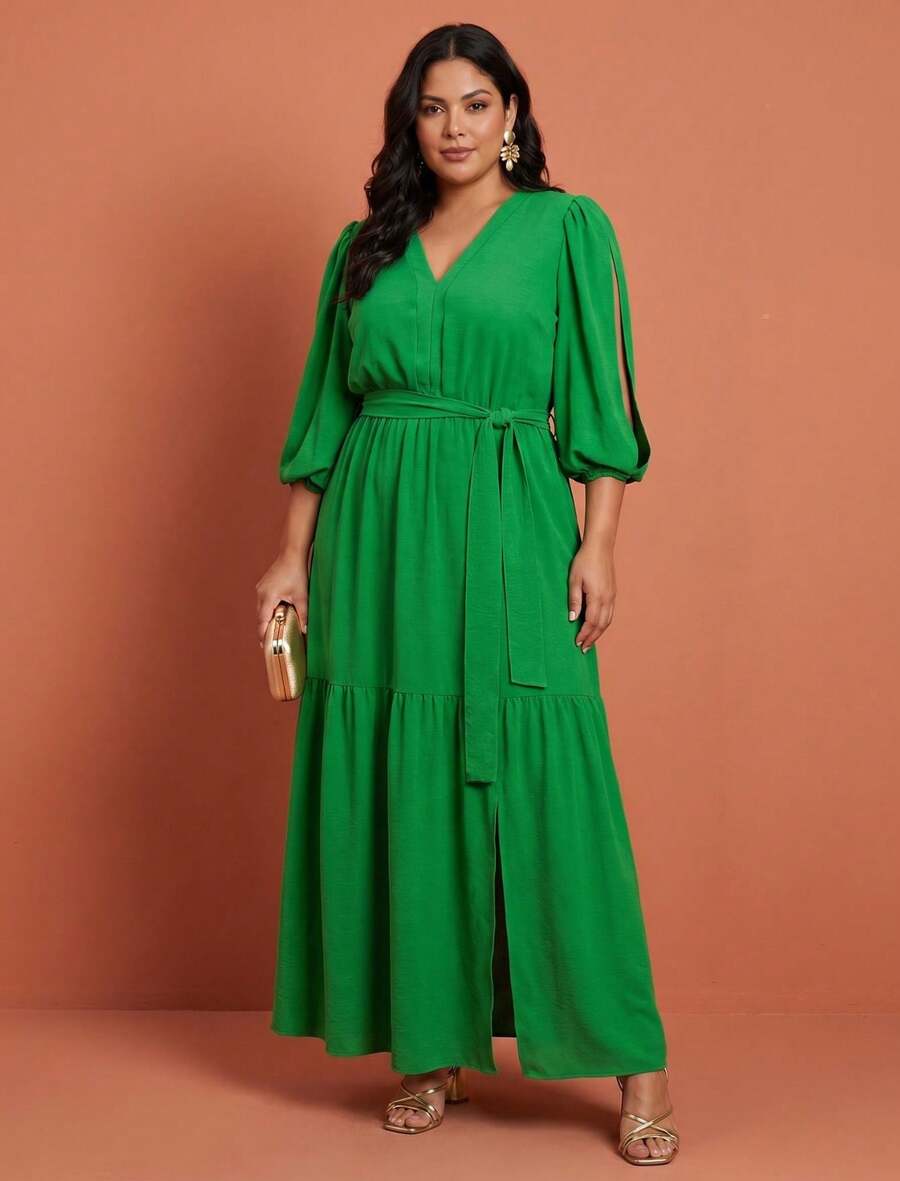FASHION MIX PREMIUM Elegant Long Dress With Slit And Ruffle Hem, 3/4 Puff Sleeves With V-Neckline And Tie At The Waist, Women's Plus Size - 綠旗 - 查看 1