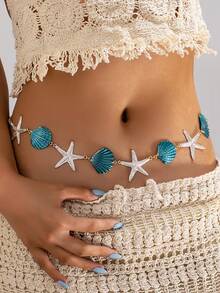 1pc Fashion Starfish & Shell Faux Pearl Waist Chain, Suitable For Women Beach Resort Wear - Yellow Gold - View 10